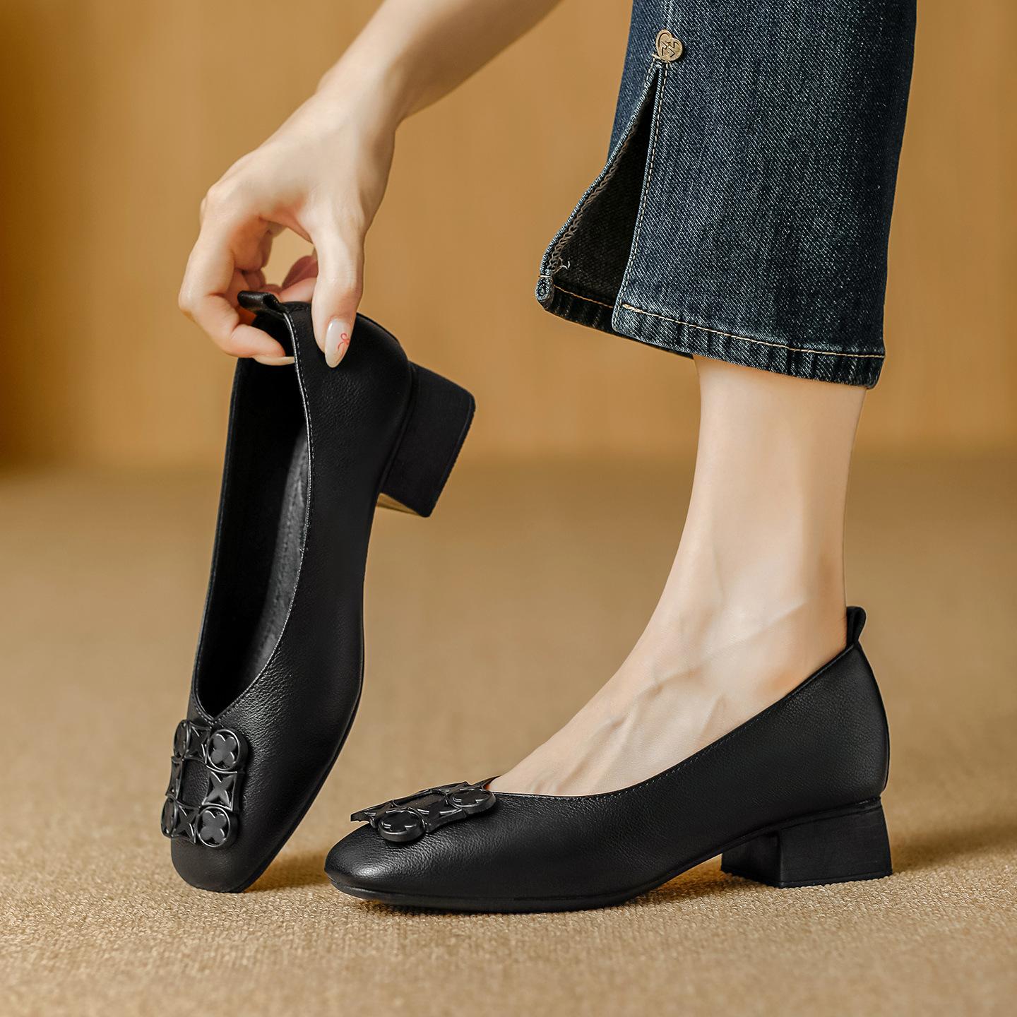 

Fashion Women Shoes Leather Pumps Ol High Heel Shoes Low Heel Dress Shoes 40