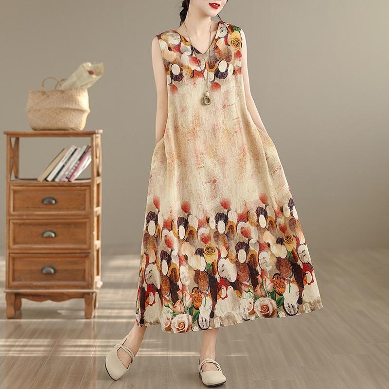 Sleeveless Plus Size Cotton Vintage Floral New In Dresses for Women Casual Loose Long Summer Dress
