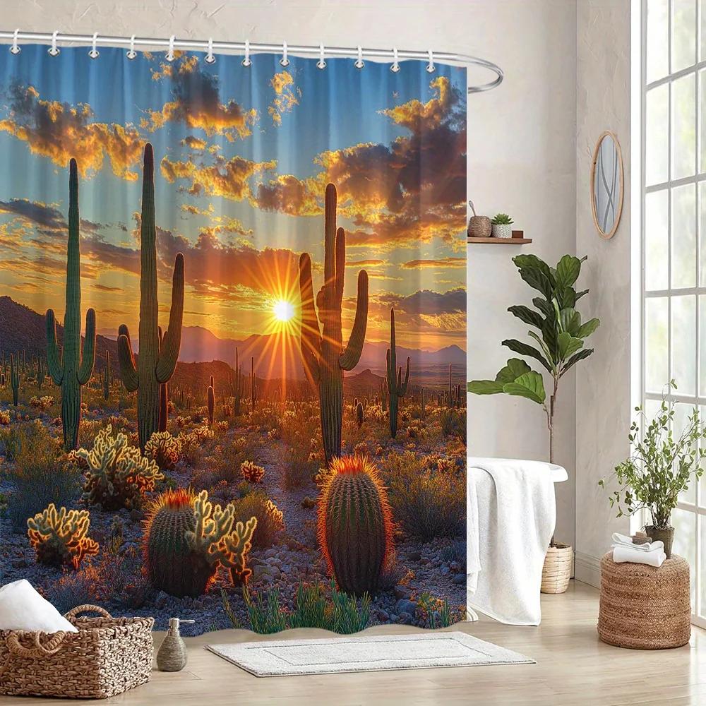 Tonnika Chen Desert Sunset Shower Curtain - Saguaro Cacti, Vibrant Sky, Mountain Range,Machine Washable Polyester, Southwestern Bath Decor