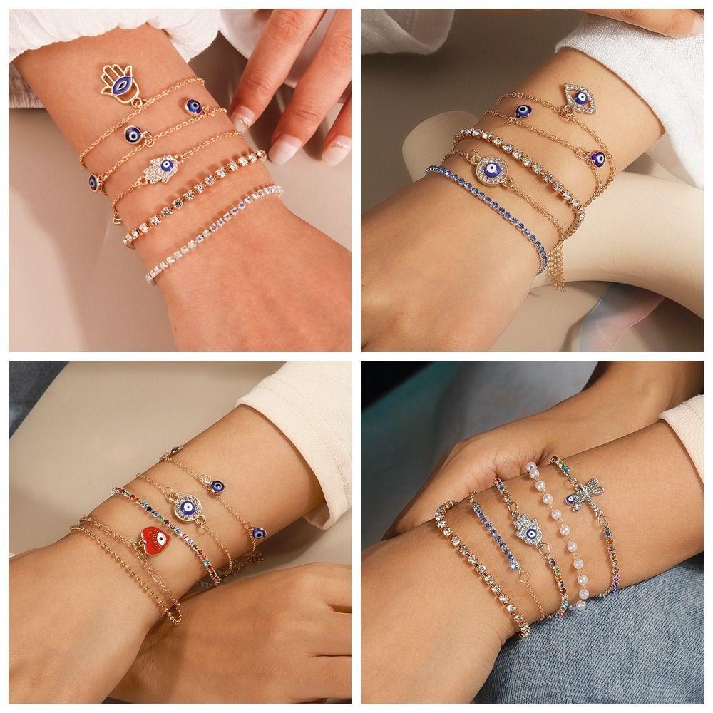 Silver Demon's Eye Bracelet Vintage Resin Bead Handchain Crystal Bracelet Set  Decoration