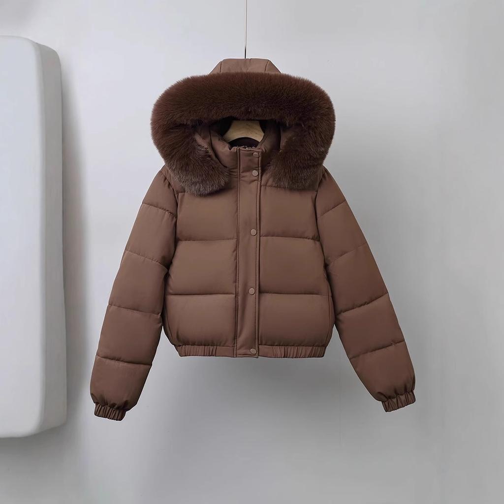 Winter Kurze Parkas Damen Baumwollgepolsterte Kleidung Samt hinzufügen Verdicken Oberbekleidung Pelzkragen Abnehmbare Kapuze Mäntel Warme Jacken