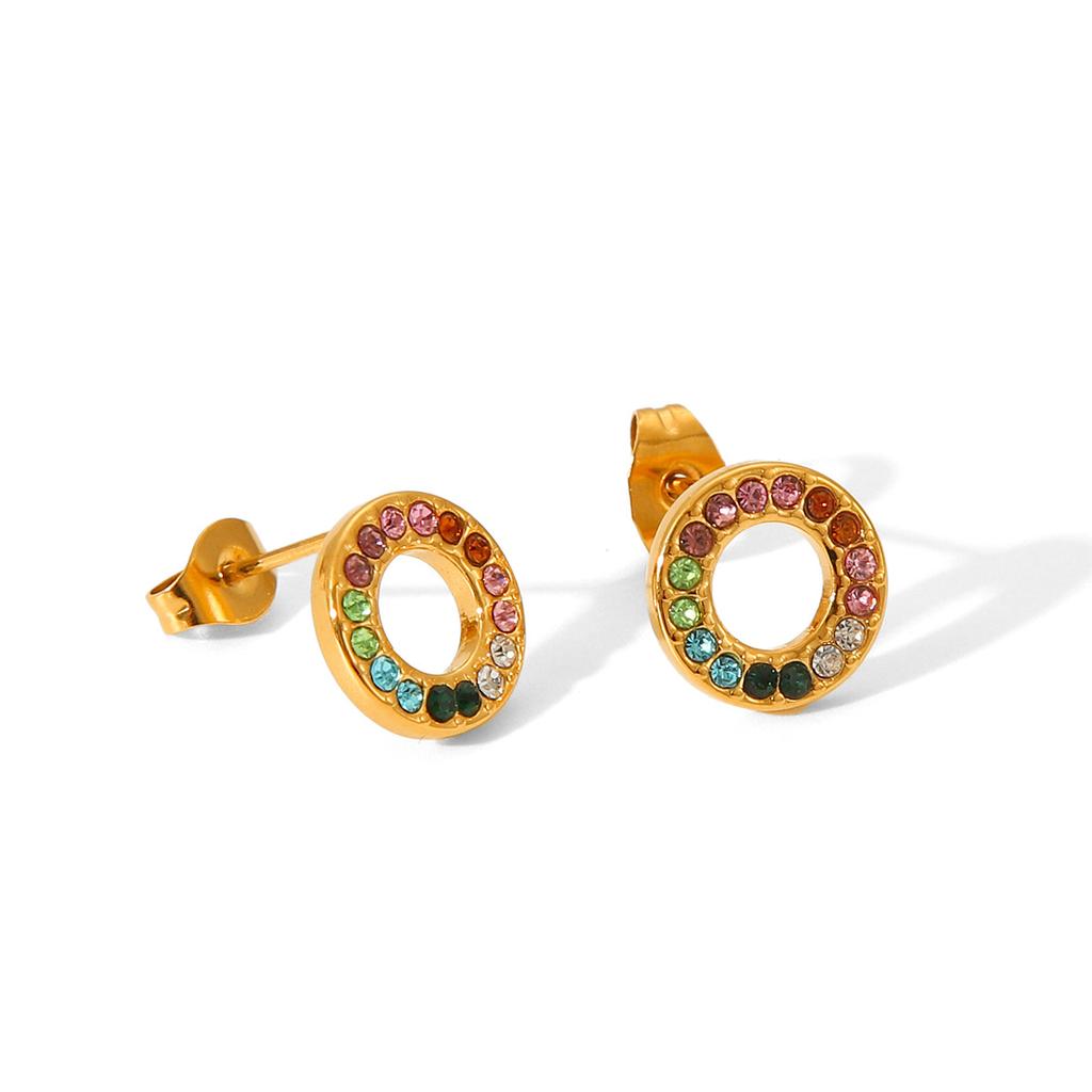 Round Stainless Steel Colorful Diamond Stud Earrings for Women, Light Luxury Versatile Titanium Steel Earrings, Fade-resistant