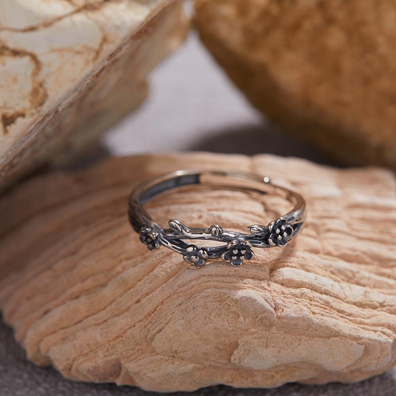 S925 Natural Colored Treasure Retro Thai Silver Ring, Male And Female Couples Ring, Pearl Flower Index Finger Ring, Niche Personality Exquisite