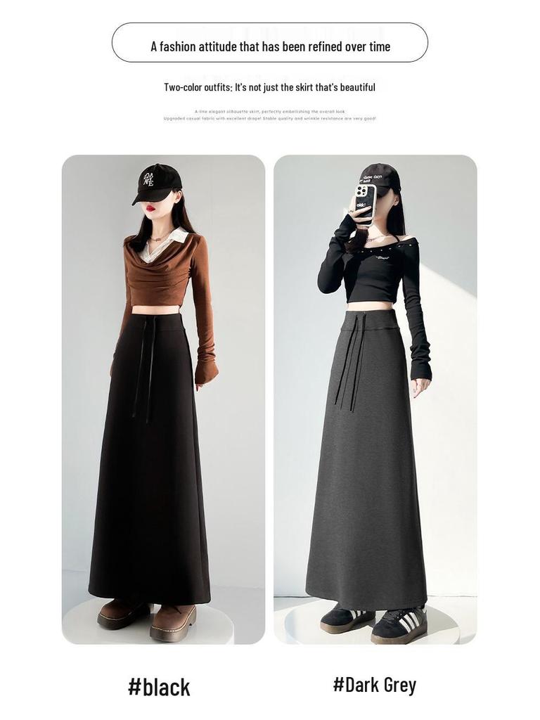 Women's Black Knit Skirt - 2026 Spring Arrival: Versatile Slimming Midi with Slit and Sticky Rice Hip Wrap.
