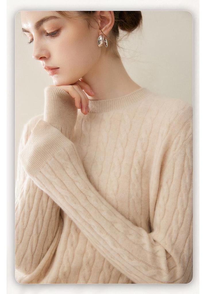Women's Cashmere Cable Knit Sweater – 100% Pure Goat Cashmere Pullover, Round Neck, Base Layer for Autumn & Winter