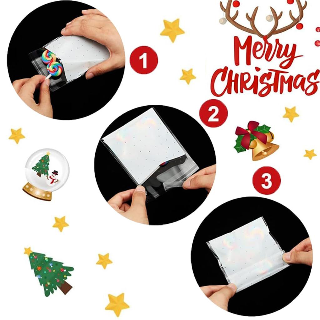 100/200/300 bucăți pungă de bomboane pentru prăjituri de Crăciun cu model de Moș Crăciun, pungă de ambalare cadou cu auto-sigilare pentru decorarea petrecerii de Anul Nou de Crăciun