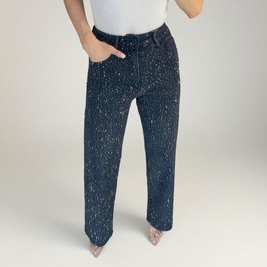 Faux Pearl Jeans for Women High Waist Straight Leg Stretch Denim Pants Casual Wide Leg Beaded Baggy Pants
