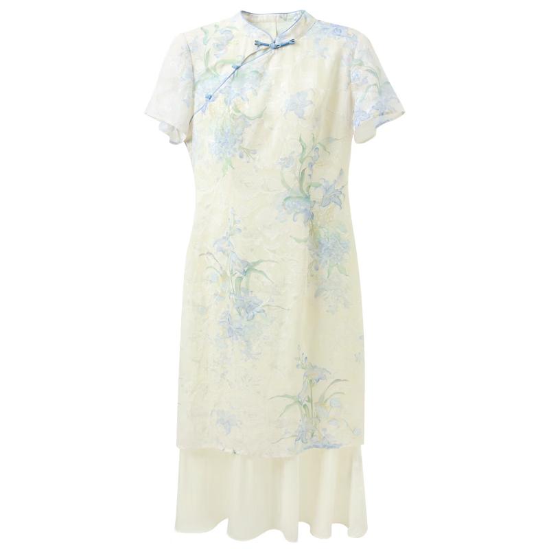 Sancai New Chinese Style Stand-Collar Slimming Floral Dress XL