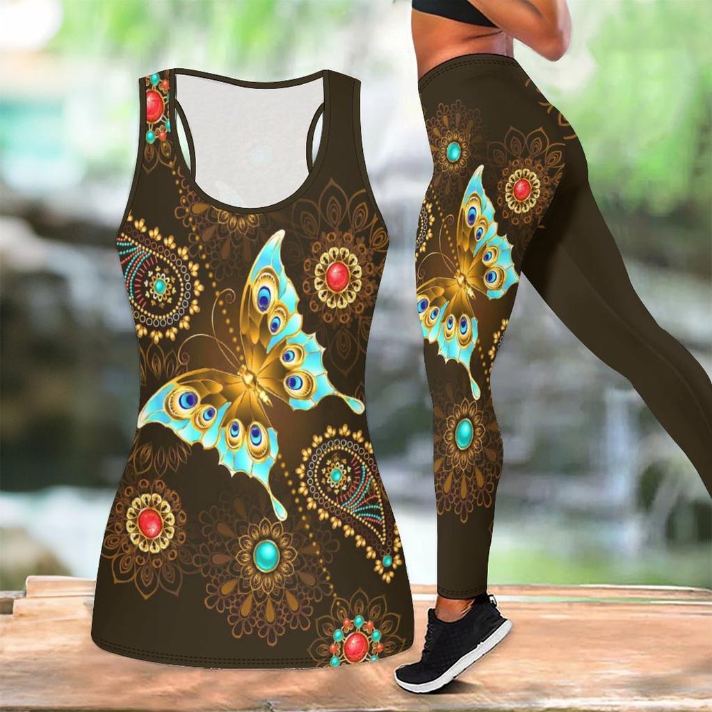 Completo Yoga con Stampa Farfalla per Donna Moda Leggings da Allenamento Fitness Sportivo Set Yoga Casual Tuta Sportiva