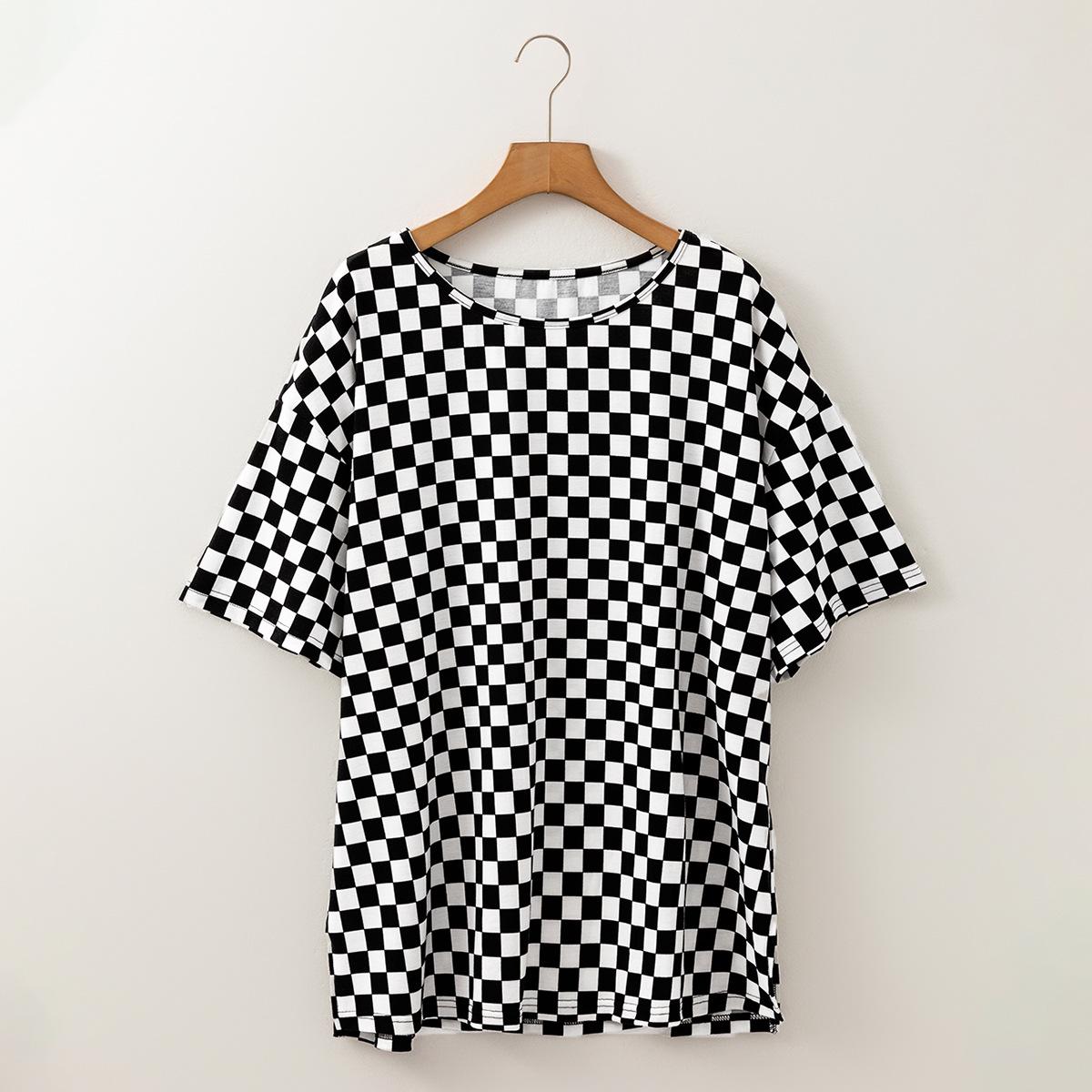 

Shiying Клетчатая футболка с коротким рукавом средней длины – Модный летний повседневный женский топ XXXL чёрный