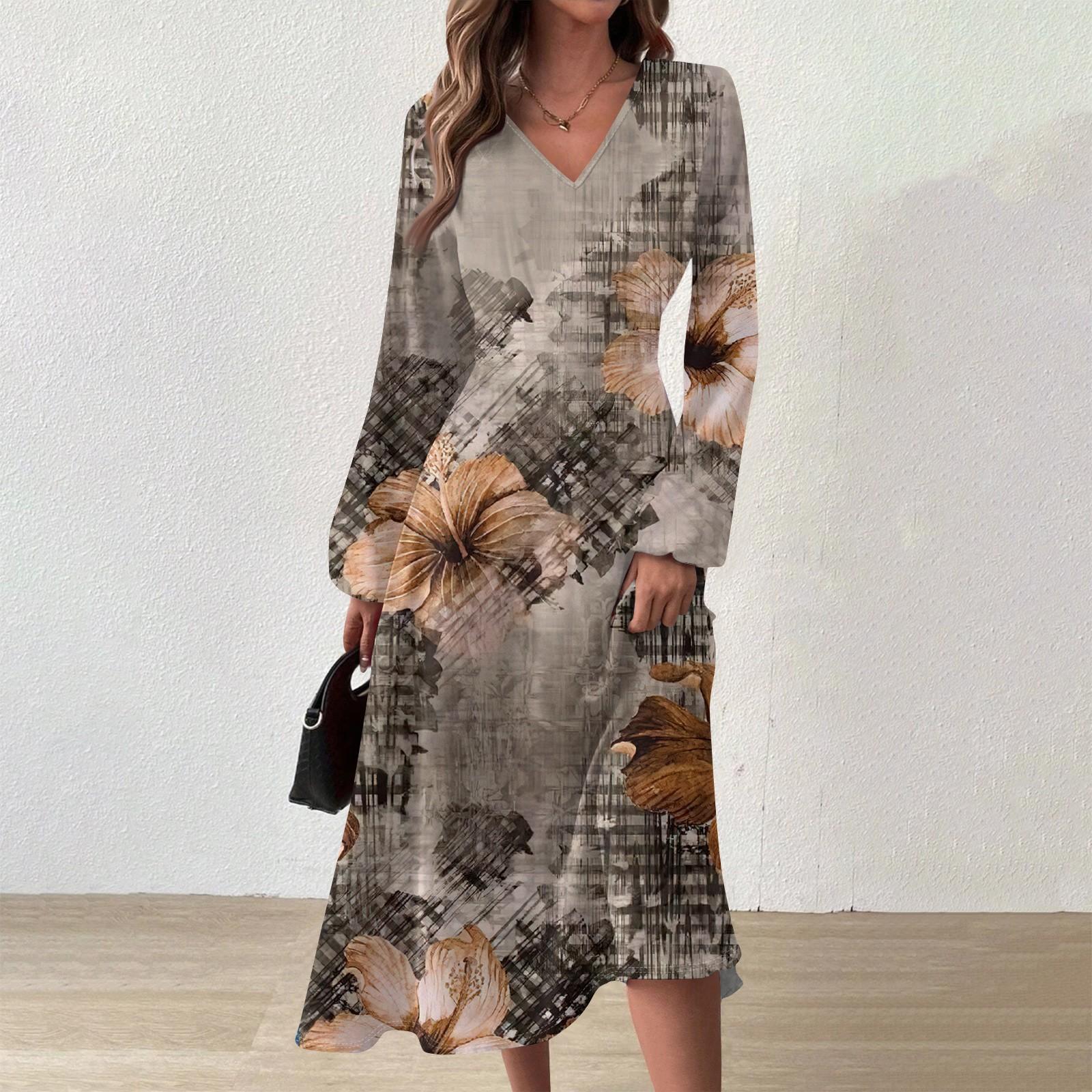 

Жіноча осінньо-зимова повсякденна модна довга сукня з V-подібним вирізом і довгими рукавами XL