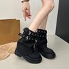 Studded Belt Buckle Mid-Tube Boots Fashion Round Toe Suede Platform Non-Slip Wear-Resistant Block Heel Shoes