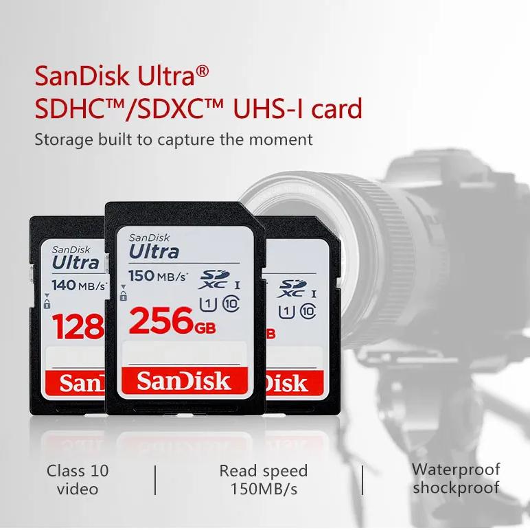 SanDisk 128GB Ultra SD-kort SDHC UHS-I-kort og SDXC Minnekort 32GB 64GB 256GB 512GB Originalt SD-kort for Kamera Opptil 120-150Mb/s Flash-kort