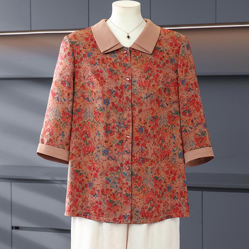

Summer Floral Tops for Middle-Aged & Elderly Women - Comfortable Loose Fit, Seven-Sleeve Design, Perfect for Moms & Grandmas 2XL (110-120 jin)