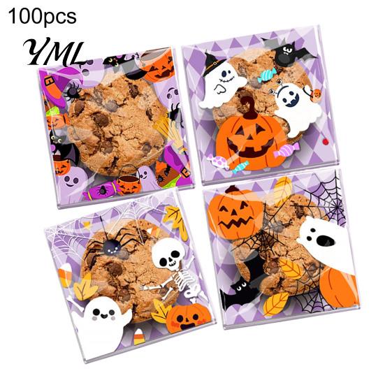 Small Plastic Bags for Treats 100 Pcs Halloween Treat Bags, Self Adhesive Seal Clear Candy Dessert Cute Cartoon Pouches Cookie Trick or Party