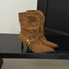 Fashion New High Heel Pointed Toe Pleated Suede Stack Boots Metal Buckle Lace-up Slip-on Fashion Booties for Women
