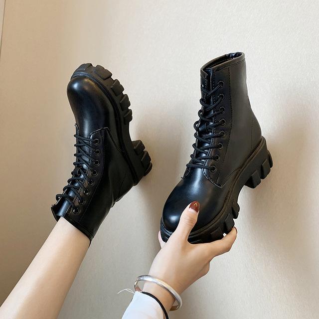 Botas Women Motorcycle Ankle Boots Wedges Female Lace Up Platforms Spring Black Leather Oxford Shoes Woman  Botas Mujer