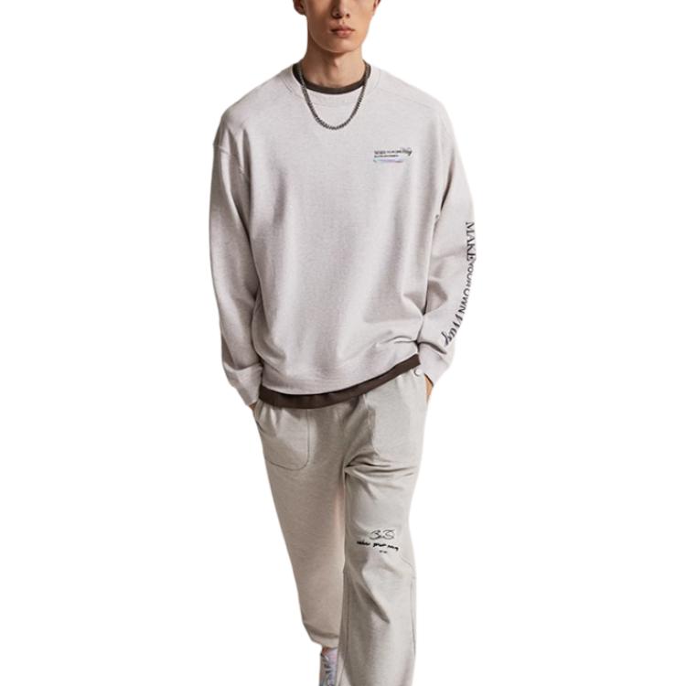 Li Ning Wade Series Letter Print Long Sleeve Crew Neck Loose Sweatshirt Unisex Sweatshirt Flower-Gray Tile-Gray AWDU001-5