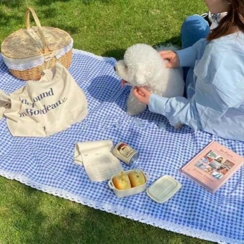 1Pcs 100×150Cm Linen Lace Red Checkered Picnic Mat Outdoor Camping Atmosphere Grass Land Blanket Tablecloth Outing Car Trunk Mat