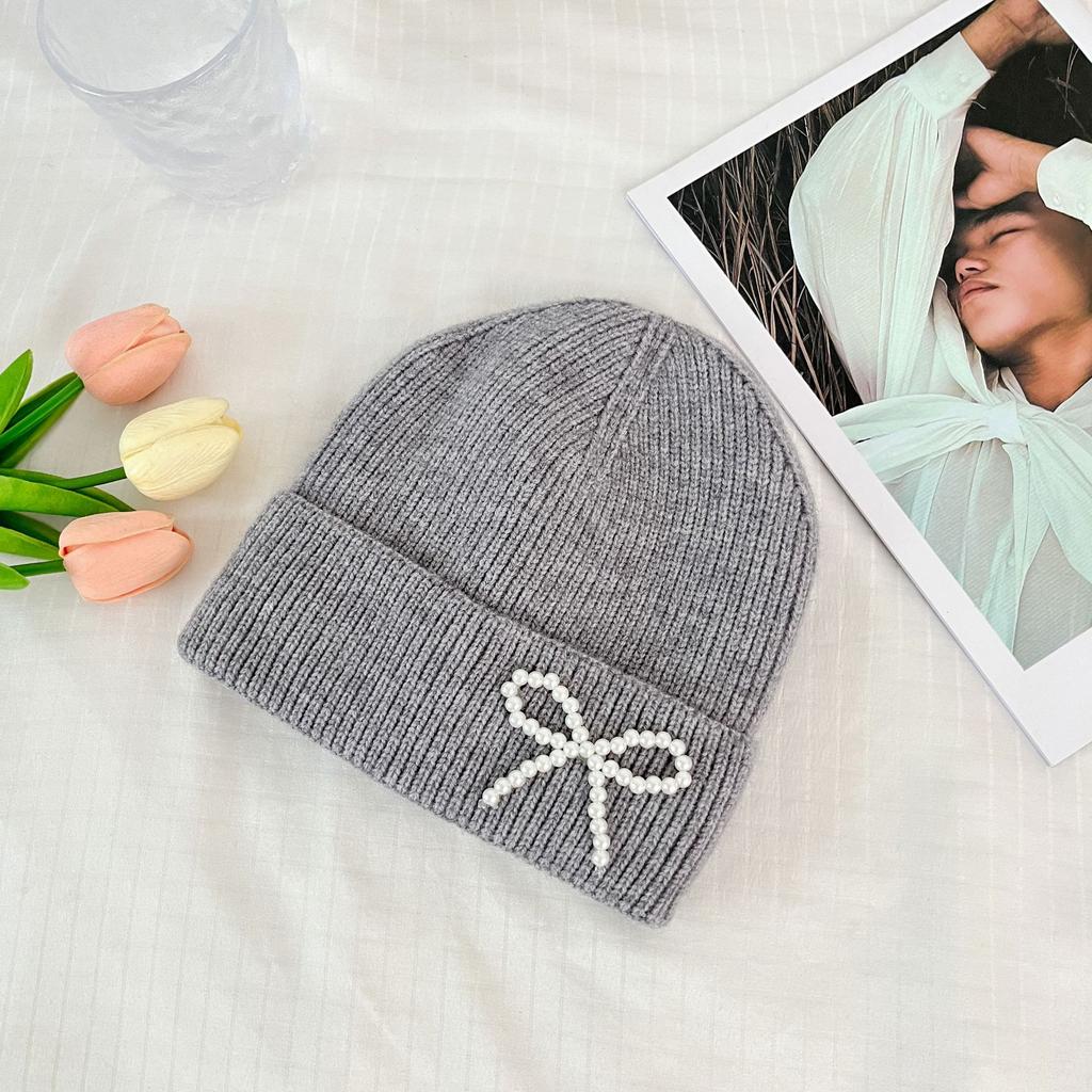 Korean Pearl Bow Wool Hat for Women Plus Velvet Thickened Warm Knitted Hat Letter Labeled Same Style for Men and Women