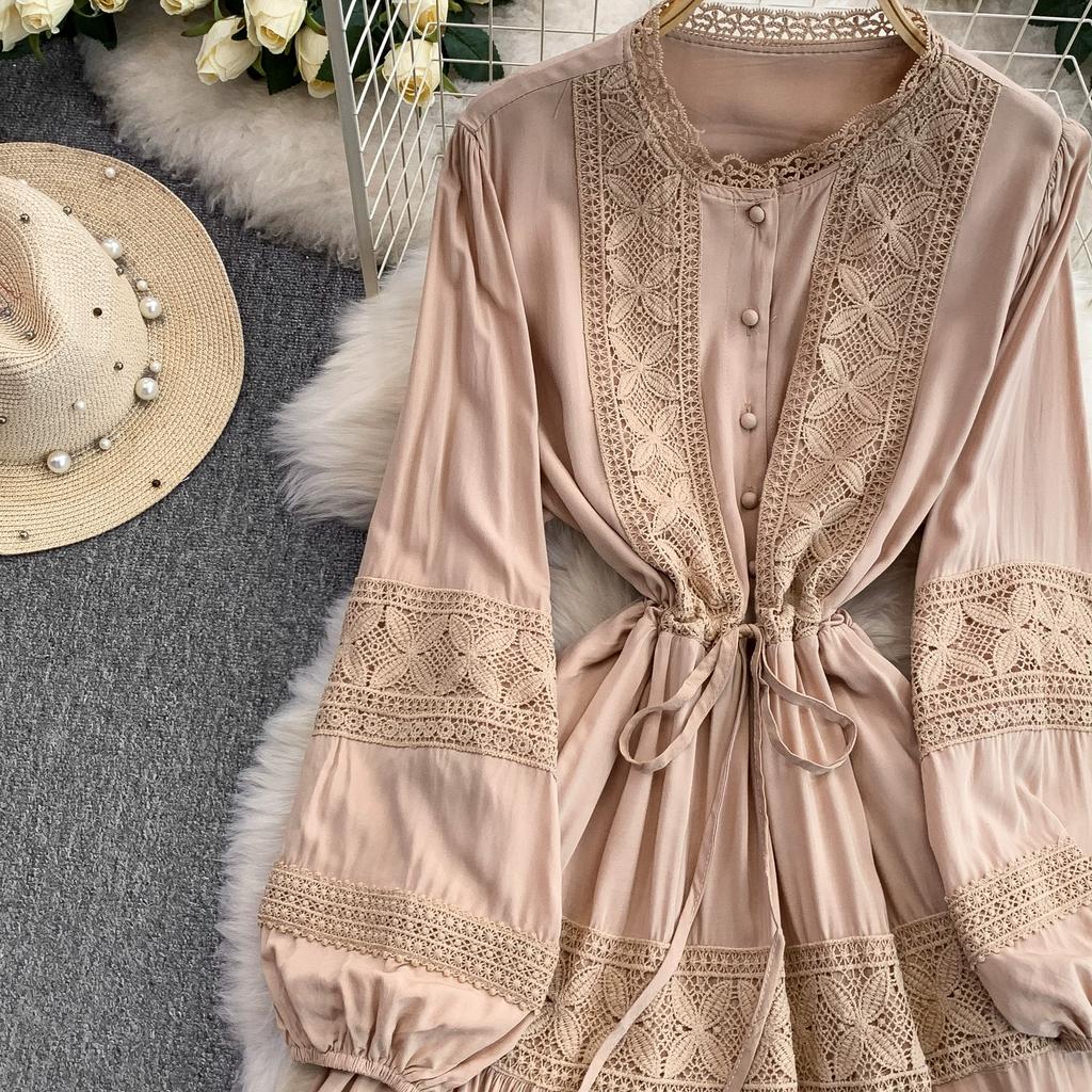 Lace Patchwork Round Neck Long Sleeved Dress for Women In Spring  Autumn Buttoned Drawstring Waist Cinching Slimming Cake Women Dress