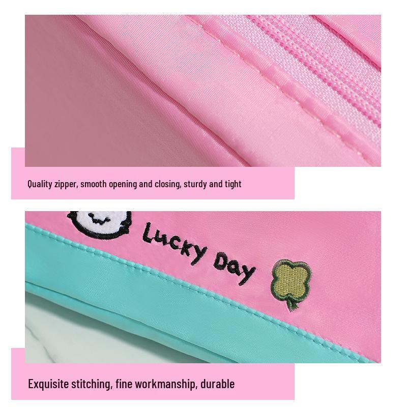 Large Capacity Color-Blocked Kitten & Clover Embroidery Pencil Case