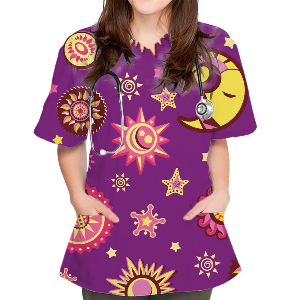 Chirurgische Uniformen Damen Mode Blumendruck Tierarzt Chirurgische Uniformen V-Ausschnitt Kurzarm Oberteile Haustier Medico Damen Chirurgische Kittel