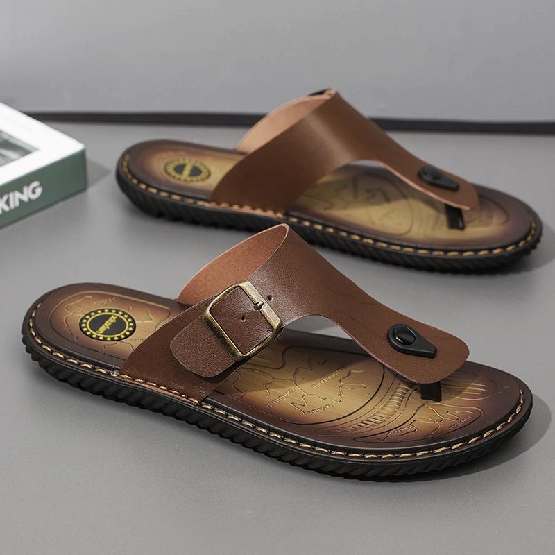 Übergröße Mode Weiches Leder Herren Flip-Flops Outdoor Wasserdichte Strandsandalen Sommer Herren Hausschuhe