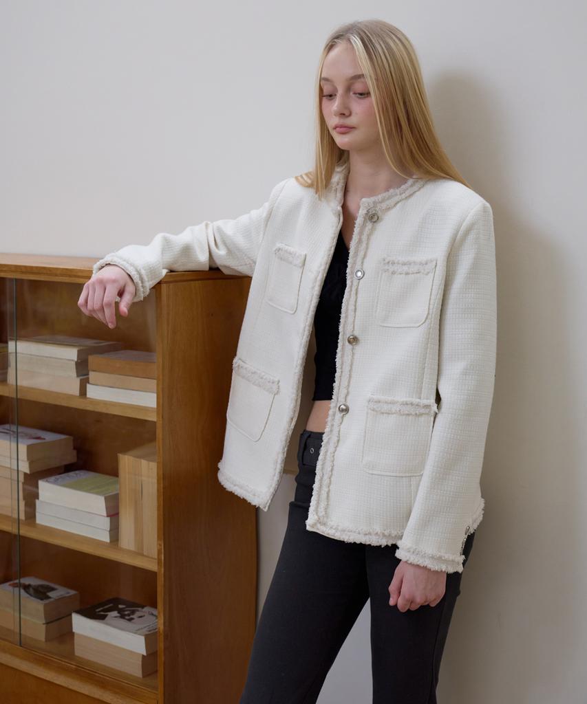 ROSEFRANTZ Fringe Pocket Tweed Jacket [Ivory]