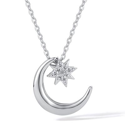LIU Necklace Silver Pendant with Star Moon Metal Allergy Compatible Present for Women Zirconia Birthday [ZHOU FU] Women's