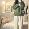 Women's Japanese Retro Green Crew Neck Pullover Sweater Loose Lazy Style Thickened for Autumn and Winter Outer Wear