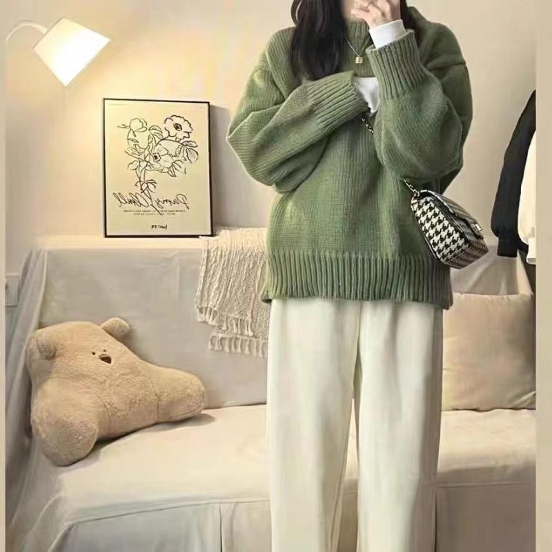 Women's Japanese Retro Green Crew Neck Pullover Sweater Loose Lazy Style Thickened for Autumn and Winter Outer Wear