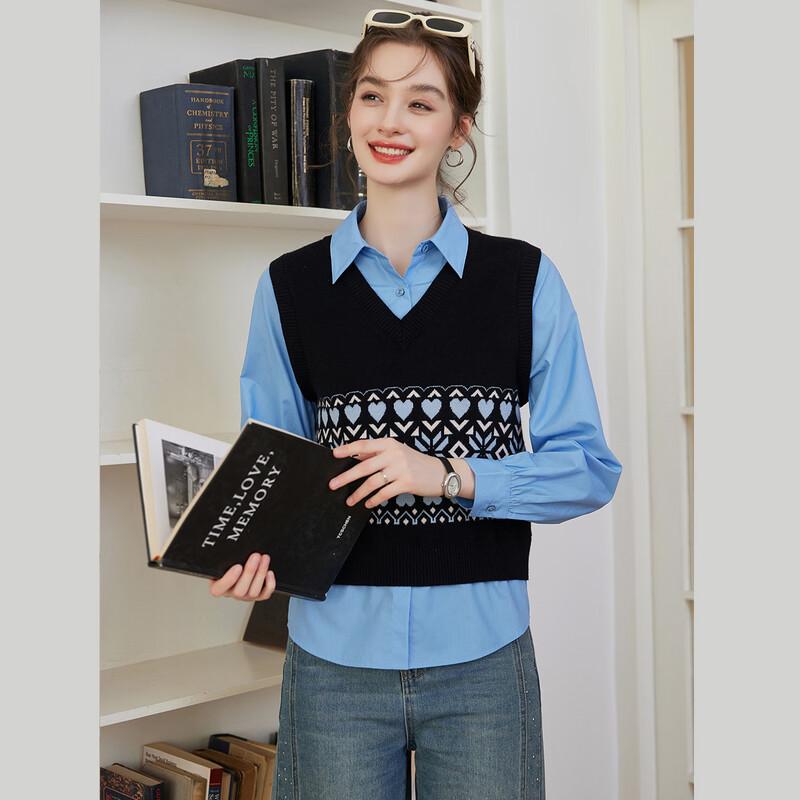 Bailuyu Faux Two-Piece Patchwork Pullover Knitted Top L