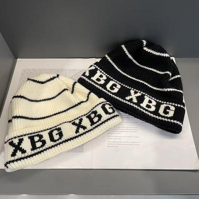Women's Woolen Hat Autumn and Winter Striped Letters Warm Cold Hat Pullover Knitted Hat Trendy