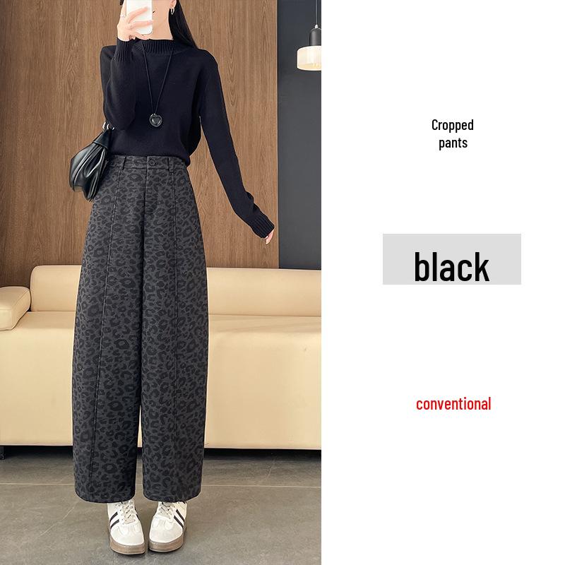 

2026 Spring/Summer Leopard Print Plus Size Wide-Leg Woolen Pants - Slimming, Curved Leg, Comfortable 9-Point Fit for Women S (80-90 jin)
