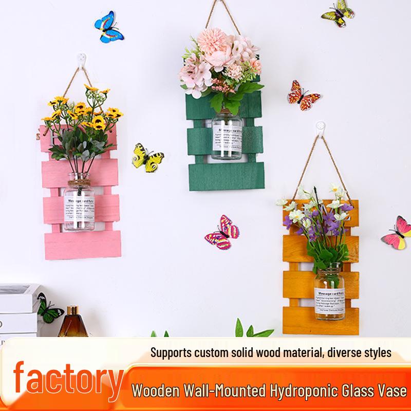 Handcrafted Wooden Wall-Mounted Hydroponic Glass Vase for Bedroom and Living Room Decor