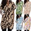Women V Neck Vintage Floral Print Short Sleeve Pullover Dress with Pocket Casual Loose Fit Tunic Top