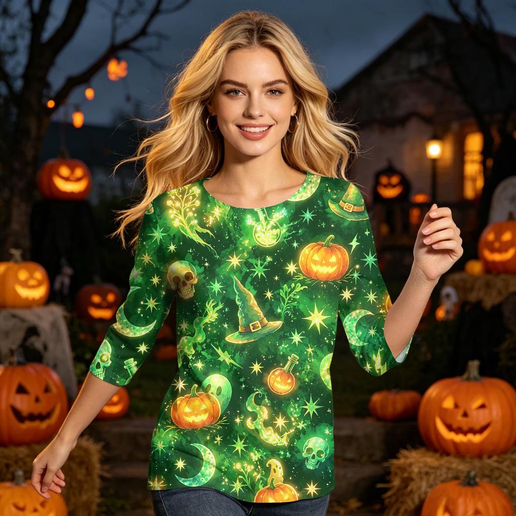 Womens Casual Halloween Print Round Neck Three Quarter Sleeve Top Lightweight Soft Fabric Pullover Shirt for Everyday Wear