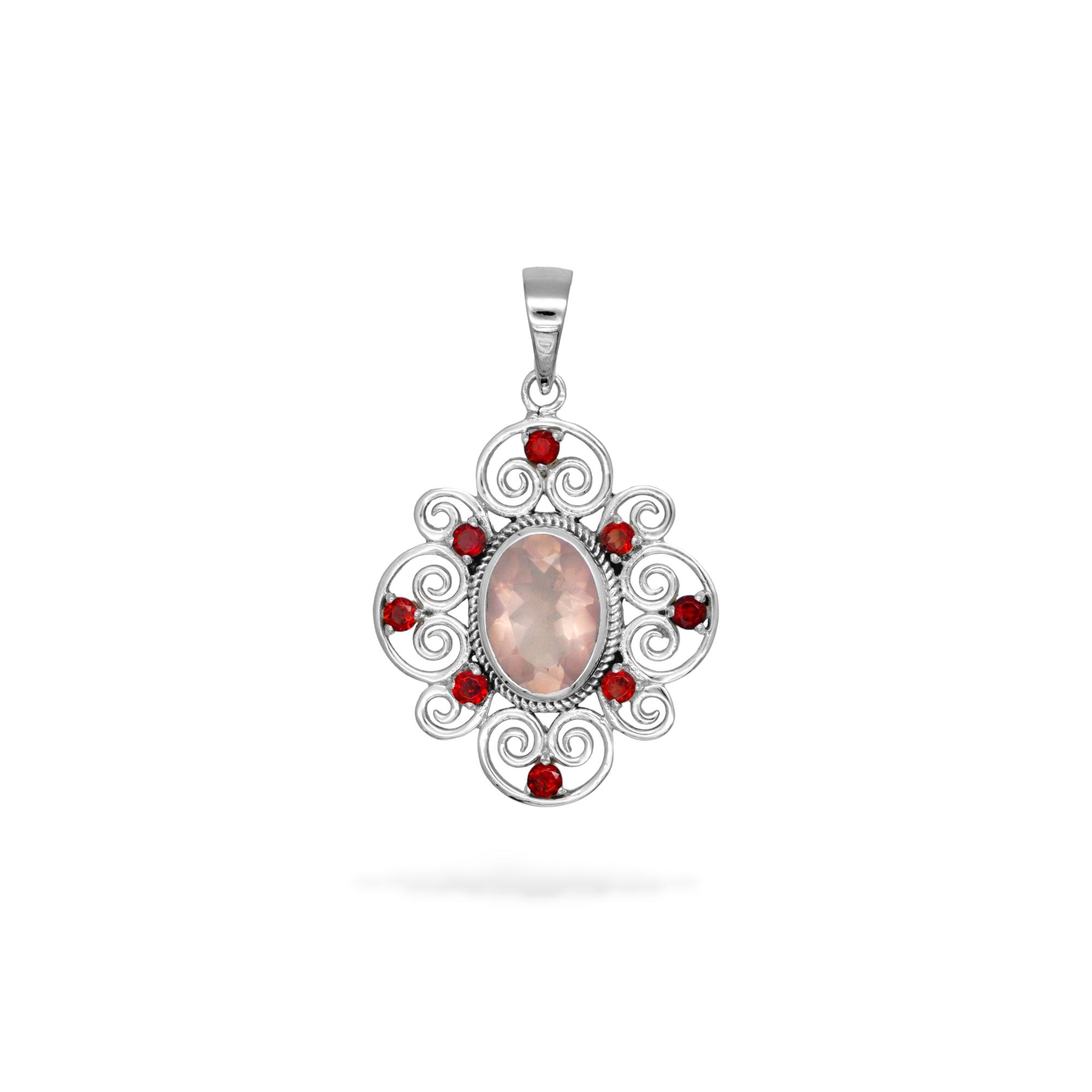 

Rose quartz & garnet pendant for women 92.5 sterling silver jewelry zivori pendant