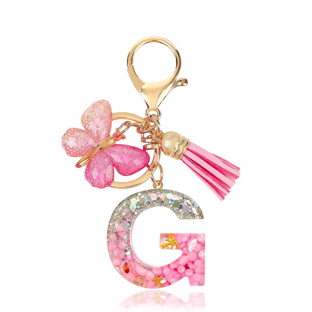 Pink Epoxy Letter Keychain with Sequin Butterfly & Tassel Charm