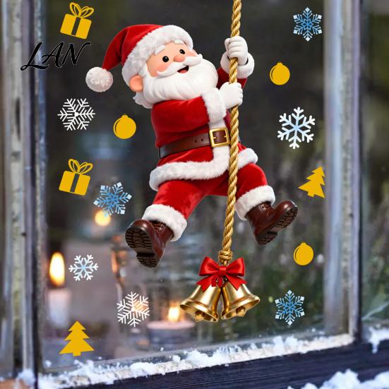 Seasonal Home Ornament Christmas Window Cling, Santa Climbing Rope Sticker, Removable Static Cling Non Adhesive Clings PVC Tree Decal for Glass Doors