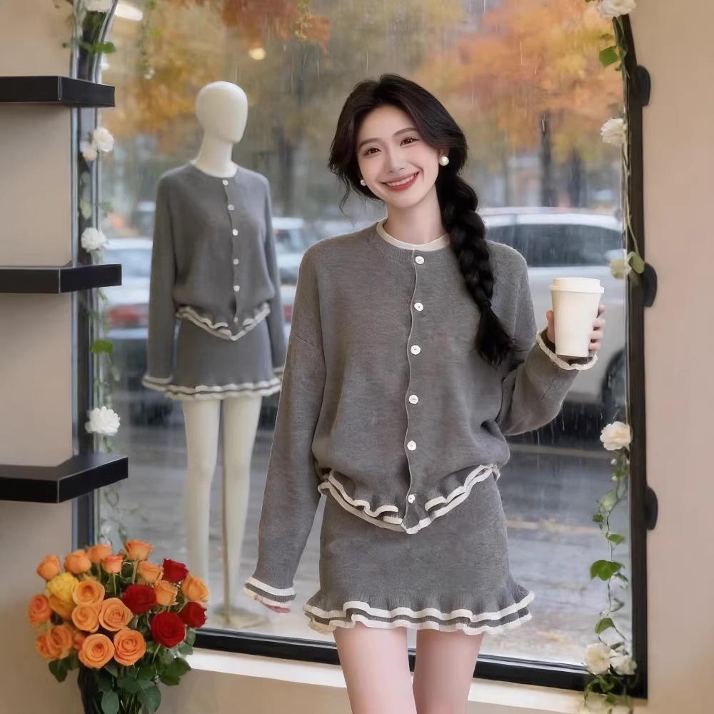 Korean Chic Knit Cardigan & Ruffle Skirt Set - Women's Winter Style