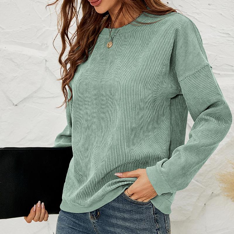Women's Corduroy Sweatshirt Casual Round Neck Pullover Long Sleeve Top