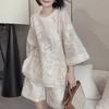 Women's Summer Heavy Embroidery Set Linen Three-Quarter Sleeve Top + Casual Shorts Two-Piece Set