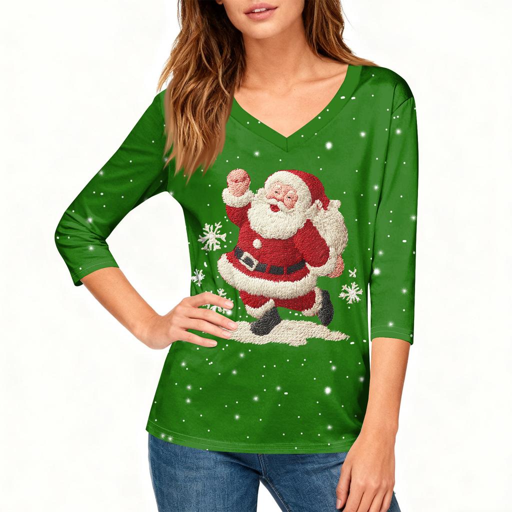 3/4 Sleeve Shirts For Women Print Christmas Tees Blouses Casual Plus Size Basic Tops Pullover