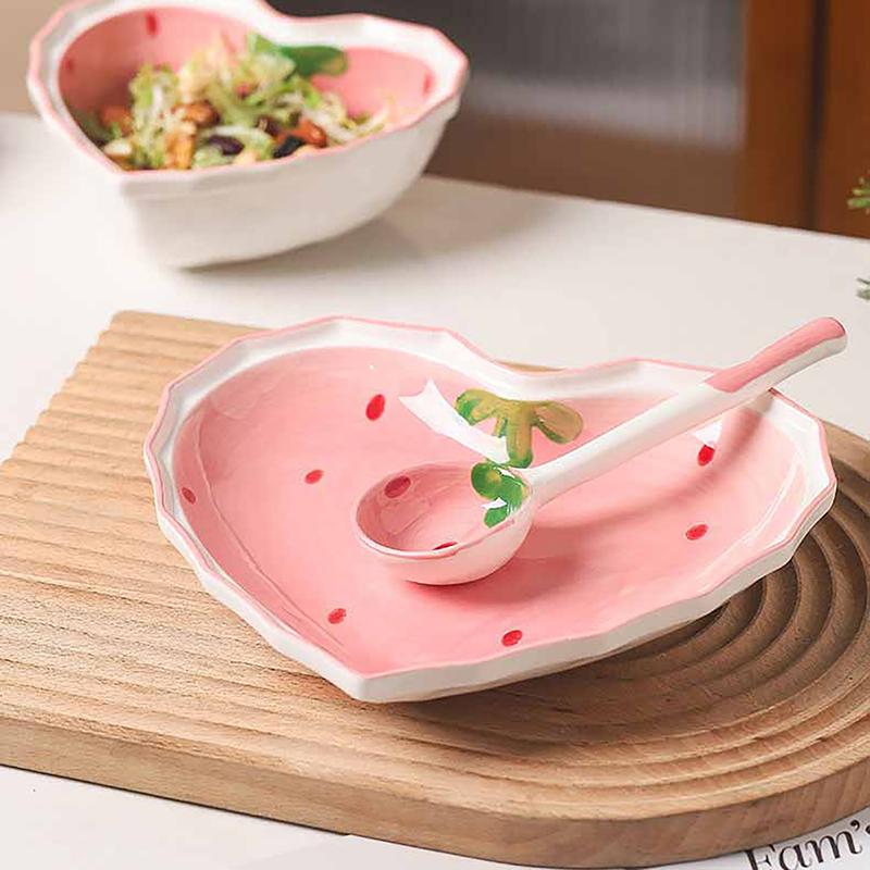 Strawberry Bowl Spoon Plate Set Beautiful Girl Heart Bowl Salad Bowl Dessert Household Tableware