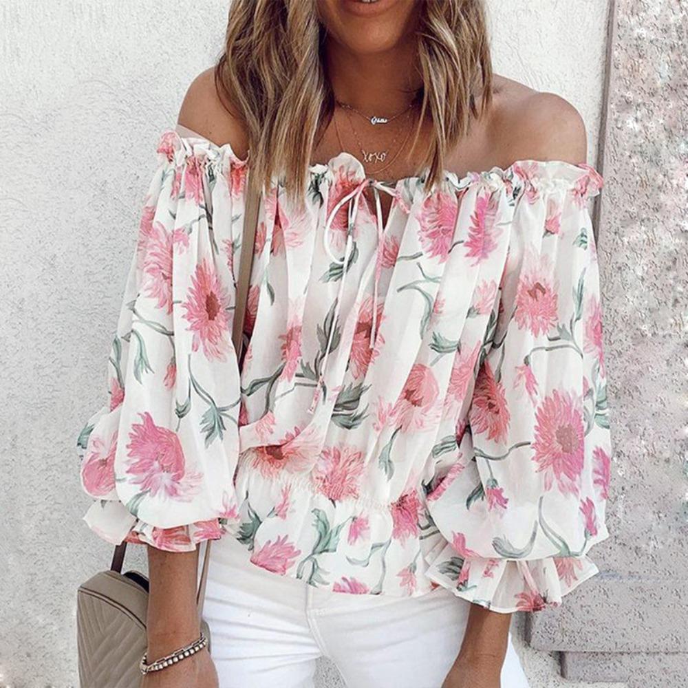 Blusa de Gasa de Verano con un Hombro Elástico, Top Ligero Semitransparente con Estampado Aleatorio, Top Suelto de Manga Farol para Mujer