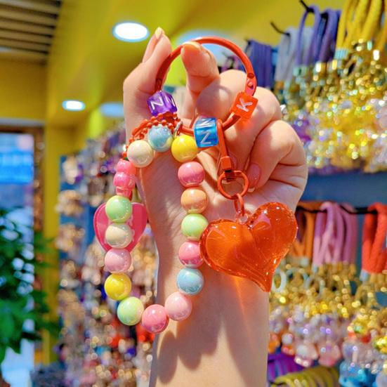 Beaded Keychain Highly Saturated Macaron Color Beads Key Chain with Transparent Colorful Heart Pendants Portable Anti-Lost Mobile Phone Chain Bag