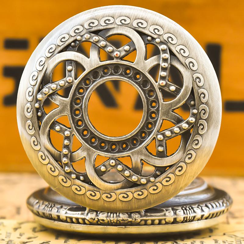 Retro Bronze Steampunk Openwork Flower Flip Quartz Necklace Commemorative Pocket Watch