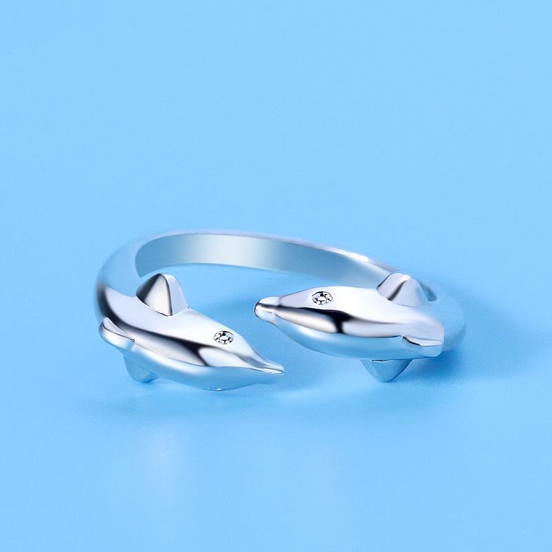 Qiaolanxuan Doppel-Delfin Liebe Imitation Sterlingsilber Verstellbarer Ring für Damen